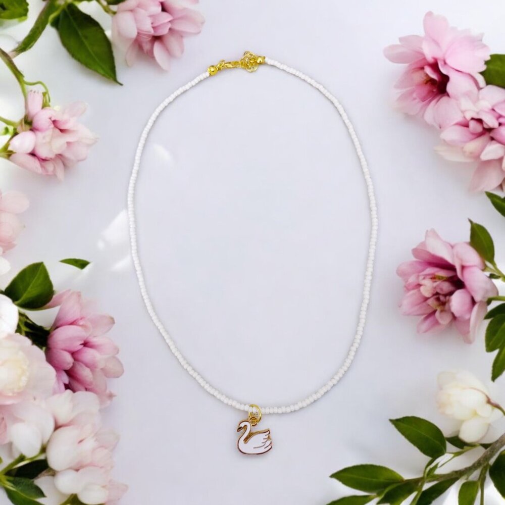 HANDMADE White Seed Bead Swan Bird Dainty Tiny Charm Pendant Choker Necklace
